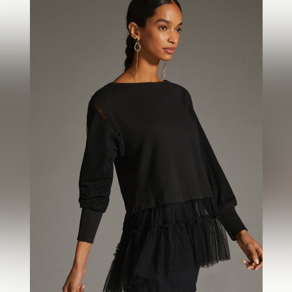 By Anthropologie Black Tulle Layered Sweatshirt